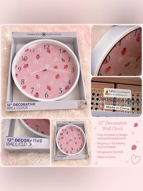 Pink Strawberry & Flower Floral Decorative 12” inch Wall Clock NIB New